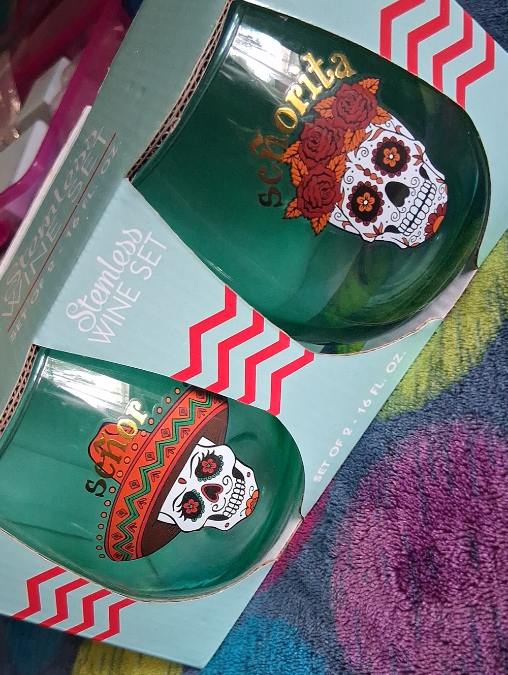 Green Day of the Dead Stemless Wine Glass Set - 2 Pack